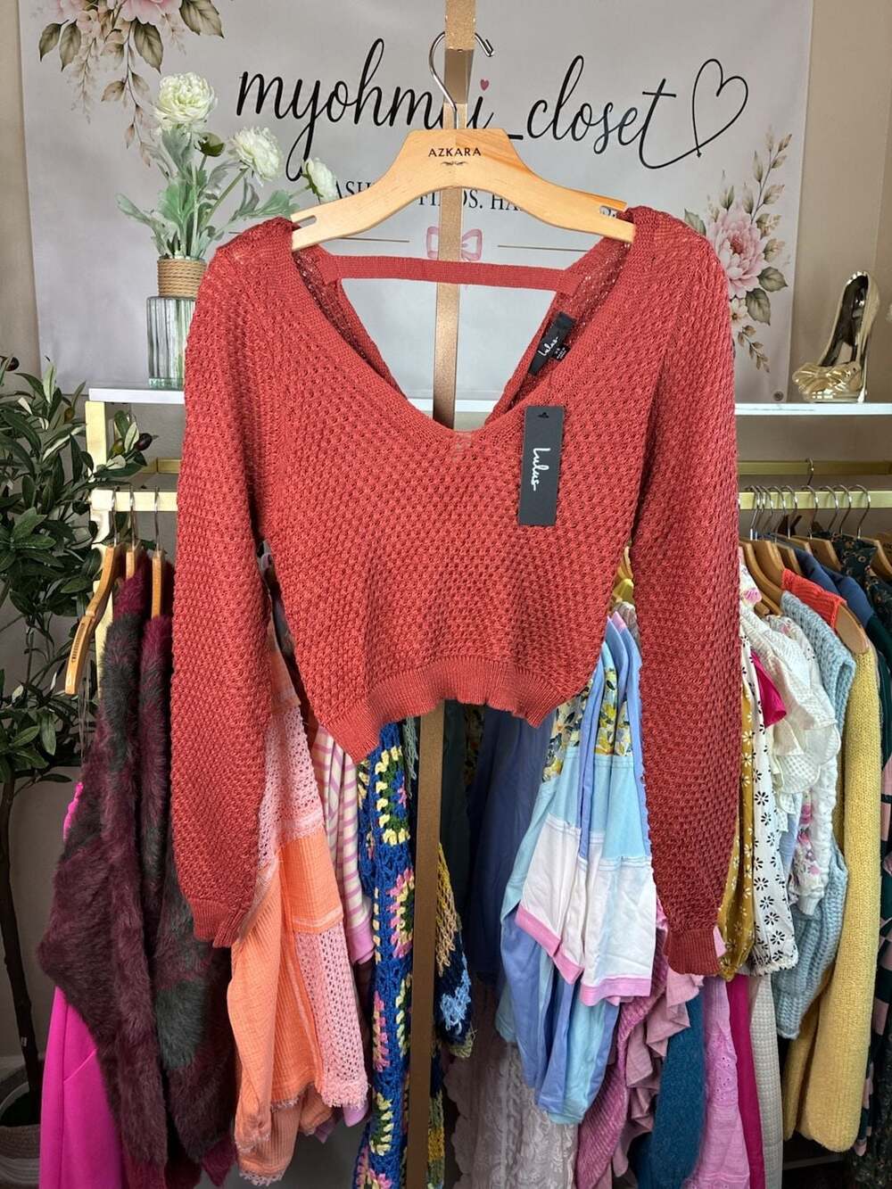 Lulus Rust Orange Open Knit Twist Back Cropped Sweater XS NWT